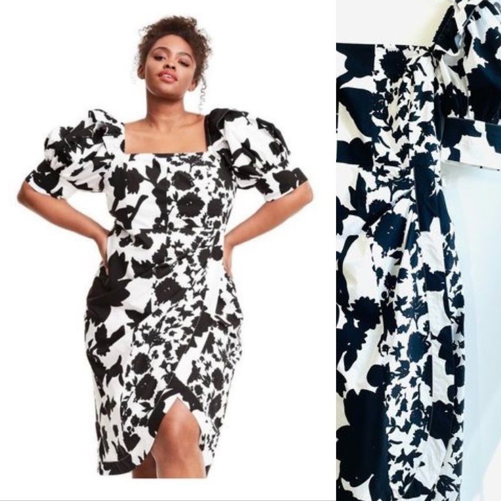 Christopher Rogers Wrap Midi Dress 28W Black White Floral Print Puff Sleeve New